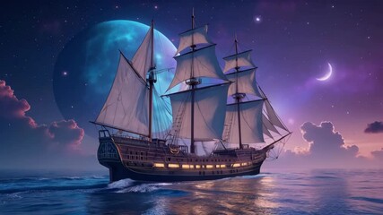 Wall Mural - A large ship sails through the ocean with a large blue moon in the background. The scene is serene and peaceful, with the ship and moon creating a sense of adventure and exploration