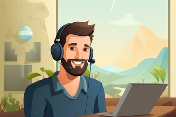 Poster - Happy male customer service representative working remotely from home office using laptop and headset