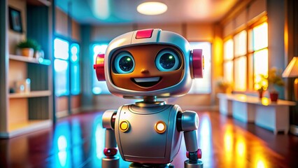 Poster - Cute Robot Bot Smiles,  Friendly AI Room Assistant Stock Photo