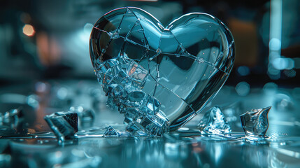 Poster - Glass heart vase shattered into pieces lying on the metallic table in a futuristic room.
