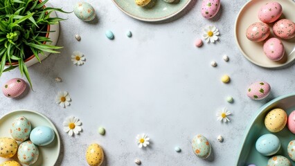 Wall Mural - Colorful easter egg arrangement with flowers and plates