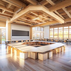 Poster - Innovative open square classroom design modern school architecture showcase bright environment interior view collaborative learning concept