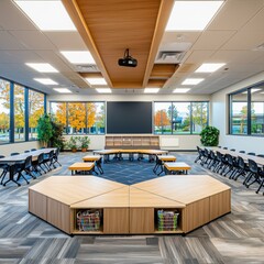 Poster - Innovative classroom design showcasing open square arrangement modern school interior architecture bright environment wide-angle view collaborative learning concept