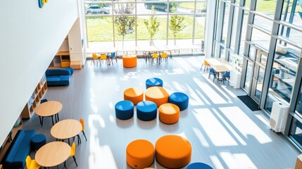 Poster - Innovative classroom design showcasing collaborative spaces and abundant natural light in a modern educational facility enhancing learning environments for student engagement and creativity