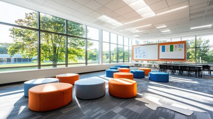 Poster - Enhancing learning engagement through innovative classroom design in a modern educational space bright interior with wide-angle view for an inspiring environment