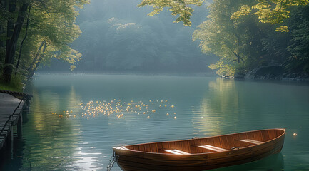 Poster - A quiet atmosphere with a large lake and many lush trees around it, wooden deck, and a wooden boat floats on the lake in the distance.