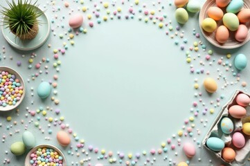 Colorful pastel easter eggs and candy frame on light background