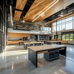 Poster - Innovative classroom design featuring a makerspace collaboration hub modern educational facility interior architecture bright and open environment wide-angle perspective engaging learning concept