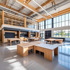 Poster - Innovative classroom design featuring makerspace concepts educational facility interior photography modern environment wide-angle view creative learning space