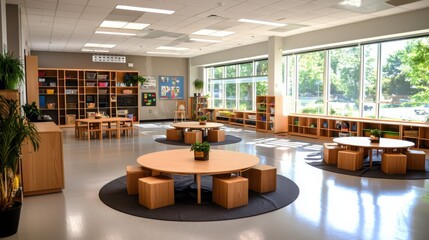 Poster - Innovative classroom design featuring polycentric layout modern educational space interior design bright environment wide-angle view creative learning concepts