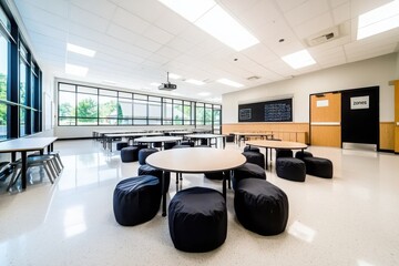 Poster - Innovative classroom design featuring student-centric learning spaces modern educational environment open layout bright atmosphere flexible furniture for enhanced collaboration