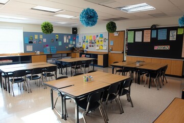 Poster - Innovative classroom design featuring student-centric learning educational space interior design bright environment wide view modern concept