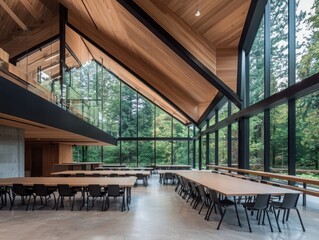 Poster - Innovative classroom design with flexible interiors modern educational facility interior architecture natural surroundings wide-angle view progressive learning spaces