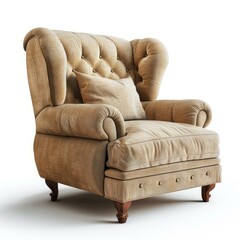 Poster - Comfortable fabric armchair with pillow representing classic style furniture is standing on white background