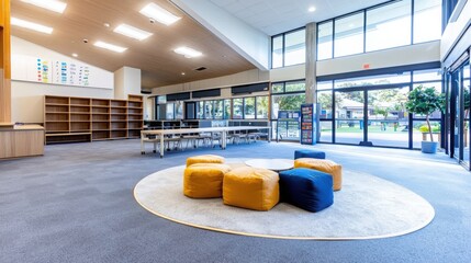 Poster - Innovative classroom design featuring learning zones modern educational space interior architecture bright environment wide-angle view creative learning concept
