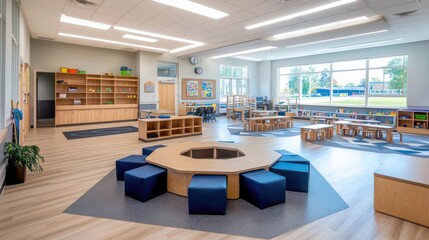 Poster - Innovative classroom design showcasing learning zones modern educational space functional environment bright viewpoint engaging concept