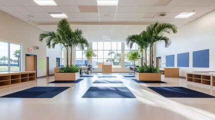 Poster - Innovative classroom design featuring learning zones modern educational facility interior space bright environment wide-angle view collaborative learning concept