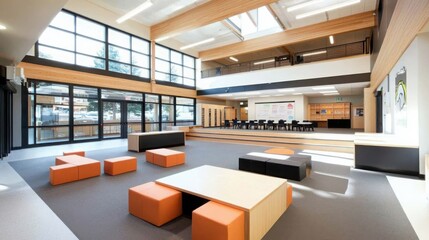 Poster - Innovative classroom design showcasing learning zones modern educational space interior architecture bright and airy environment wide-angle view collaborative learning concept