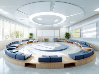 Poster - Innovative classroom design featuring circular seating arrangement modern education space interactive learning environment bright and open atmosphere engaging viewpoint future-ready concept