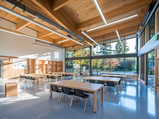 Poster - Innovative classroom design showcasing collaborative learning spaces in modern educational facility bright and open environment wide-angle view for engaging learning experience