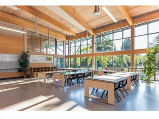 Poster - Innovative classroom design incorporating collaborative spaces modern school interior photography bright environment wide-angle view educational concepts