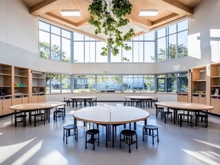 Poster - Innovative classroom design incorporating collaborative learning modern educational space interior photography bright and open environment wide-angle view engaging concept