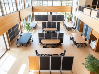 Poster - Innovative classroom design featuring collaborative spaces modern learning environment educational facility open layout aerial perspective
