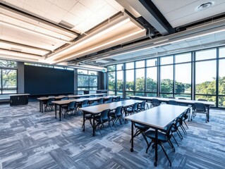 Poster - Innovative classroom design incorporating collaborative spaces modern educational facility interior photography bright environment wide-angle view learning enhancement