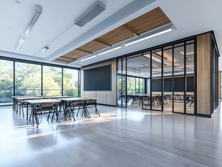 Poster - Innovative classroom design incorporating collaborative learning modern educational space interior architecture bright environment wide-angle view engaging concept