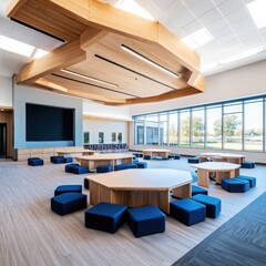 Poster - Innovative classroom design incorporating formative elements modern educational space interior design bright environment wide-angle view collaborative learning concept
