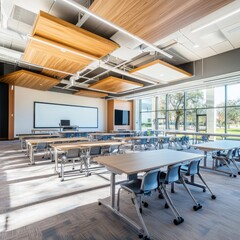 Poster - Innovative classroom design enhancing learning outcomes modern school interior architecture bright and engaging environment wide-angle view formative assessment integration
