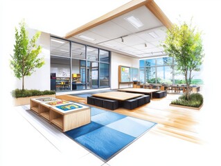 Poster - Innovative classroom design featuring formative assessment strategies modern educational space interior design visualization bright and inviting environment wide-angle perspective