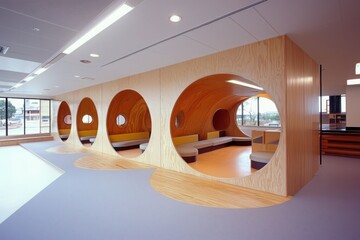 Poster - Innovative classroom design with function pods modern learning space interior architecture bright environment wide angle view educational concept