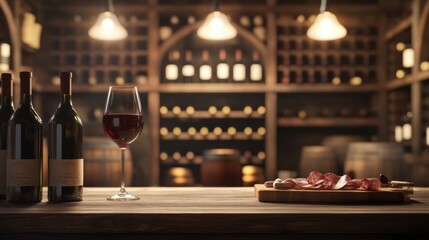 Aufkleber - Elegant wine cellar featuring vintage bottles and a tasting experience with charcuterie and red wine. Generative AI