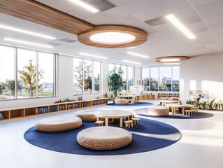 Poster - Innovative classroom design incorporating sensory stimulation modern educational space interior architecture bright and inviting environment wide-angle view engaging learning concepts