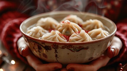 Poster - Woman hands holding a bowl of steaming dumplings, wearing a red sweater, in a Chinese New Year atmosphere.