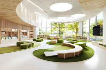 Poster - Innovative classroom design incorporating technology in modern education urban school interior design bright and green environment wide-angle viewpoint future learning concept
