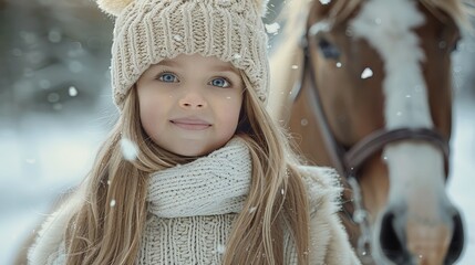 Wall Mural - A 6-year-old girl with blue eyes. a beautiful smile. with long blond hair in a white hat walks in a snowy forest on a horse.