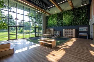 Poster - Innovative classroom design with biophilic elements modern educational space interior architecture green environment wide angle learning concept