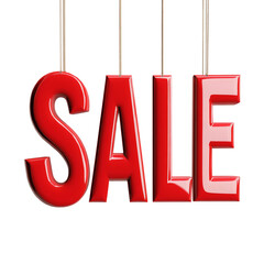 Aufkleber - A 3D rendering of glossy red SALE letters suspended from strings against a white backdrop.