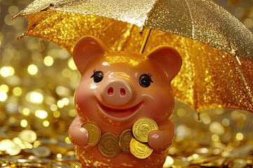 Wall Mural - a piggy bank holding a golden umbrella, standing under a shower of coins