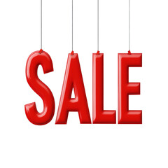Aufkleber - The image shows four large red glossy letters spelling SALE hanging from strings against a plain white background.