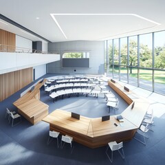 Poster - Innovative classroom design with decentralized layout modern educational space architectural visualization bright and open environment wide-angle perspective future learning concept