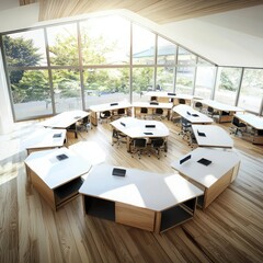 Poster - Innovative classroom design with decentralized layout modern educational space interactive learning environment bright natural light open concept architecture