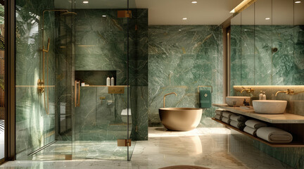 Poster - A top modern bathroom with double showers, green marble walls, light neutral color of stone floor. Brass sink and tap.