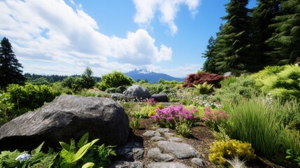 Wall Mural - Scenic landscape with flowers, rocks, and mountains in the background.