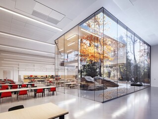 Poster - Innovative classroom design for experiential learning modern educational space glass enclosure natural environment wide angle view collaborative concept