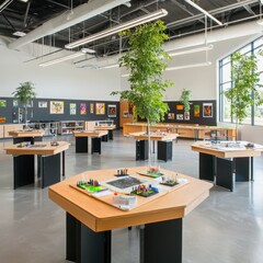 Poster - Innovative classroom design for inquiry-based learning modern educational space interior design bright environment wide-angle view future-ready concepts