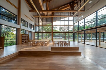 Poster - Innovative classroom design focused on environment modern educational space sustainable architecture bright and airy atmosphere open concept learning