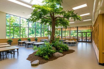 Aufkleber - Innovative classroom design featuring natural elements and green spaces in a modern educational facility encouraging sustainable learning environments